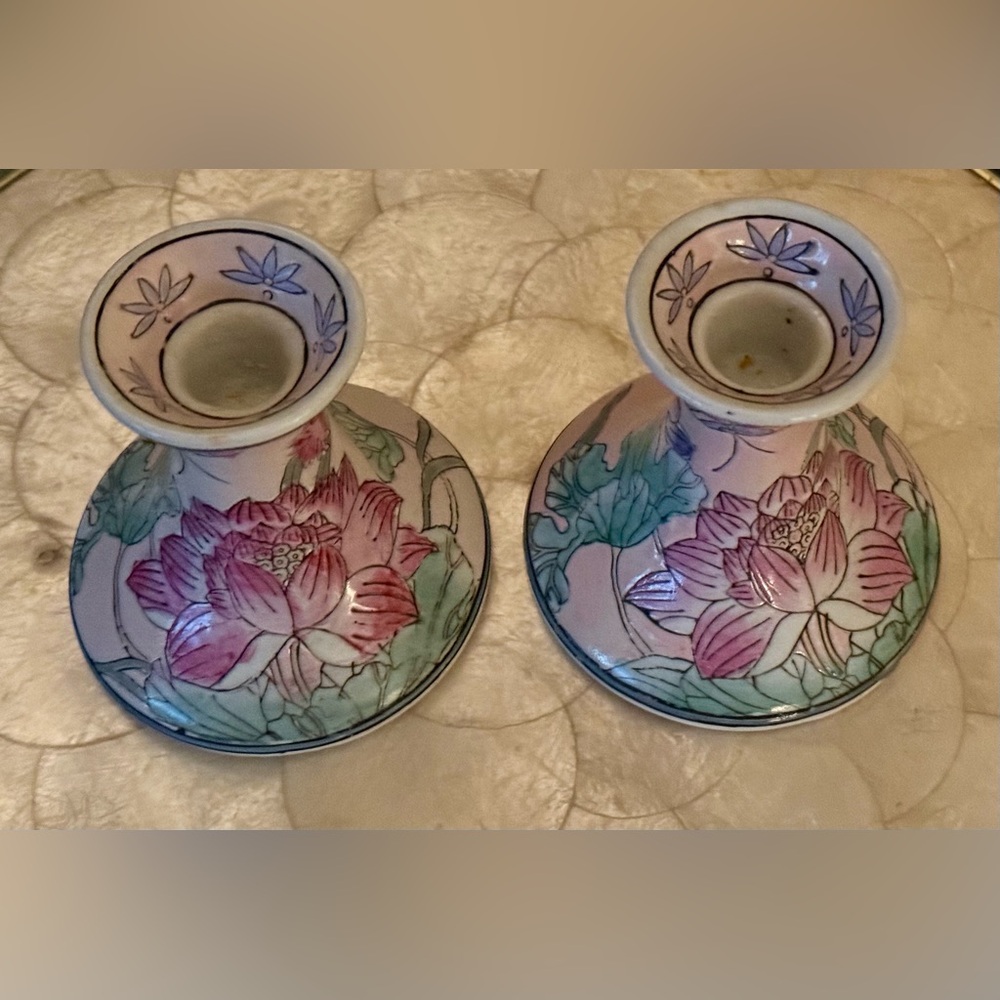 Famille Rose, Pair Of Candle Holder, Ceramic, Print In Light & Dark Pink, Green